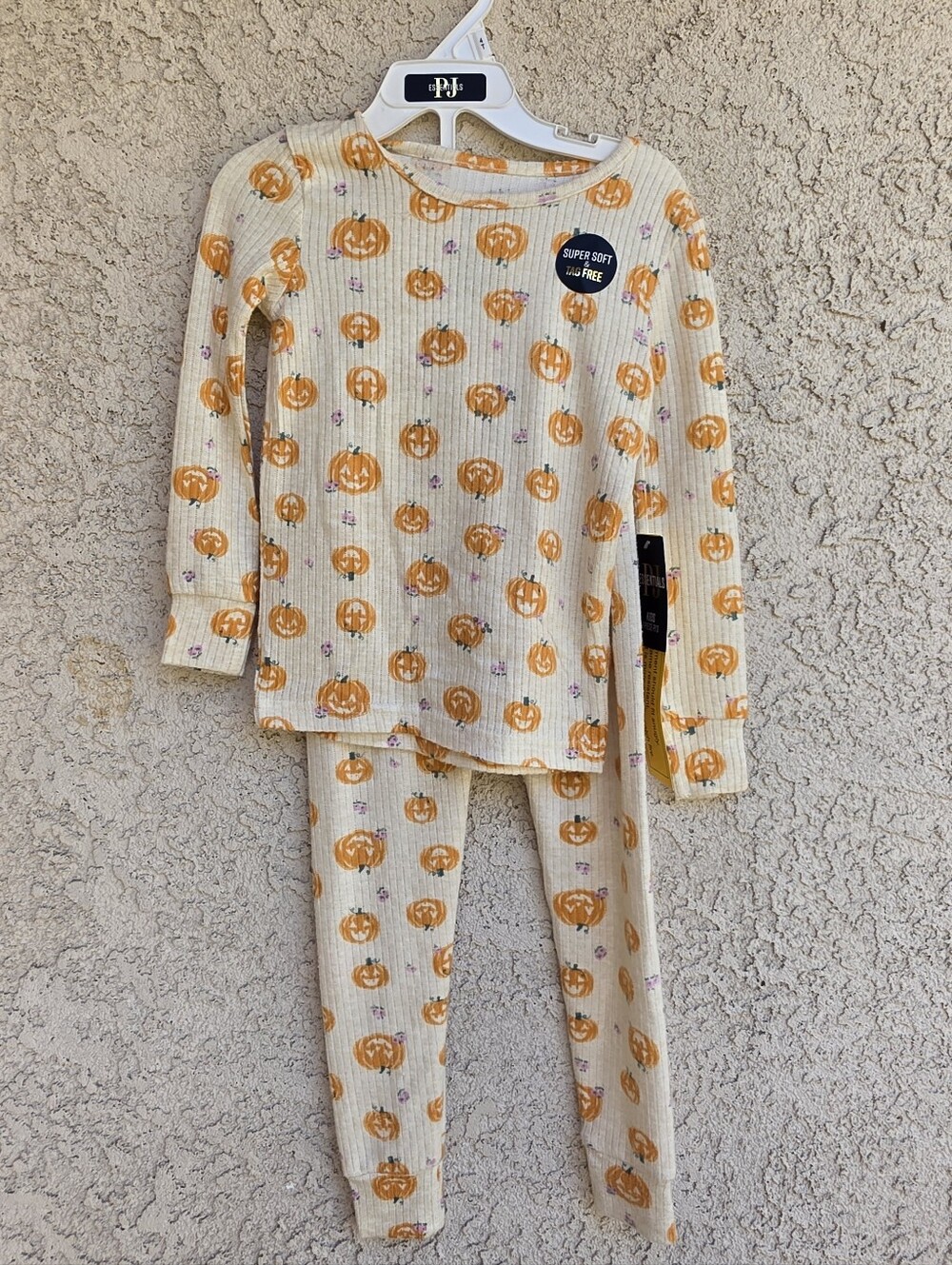 Girls Pumpkin Print Thermal Pajama Set - Cream & Orange Halloween NWT